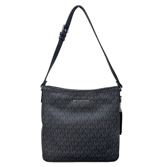 Michael Kors Jet Set Shoulder Bag Monogram Coated Canvas Grey w/Black Leather - Picture 1 of 11